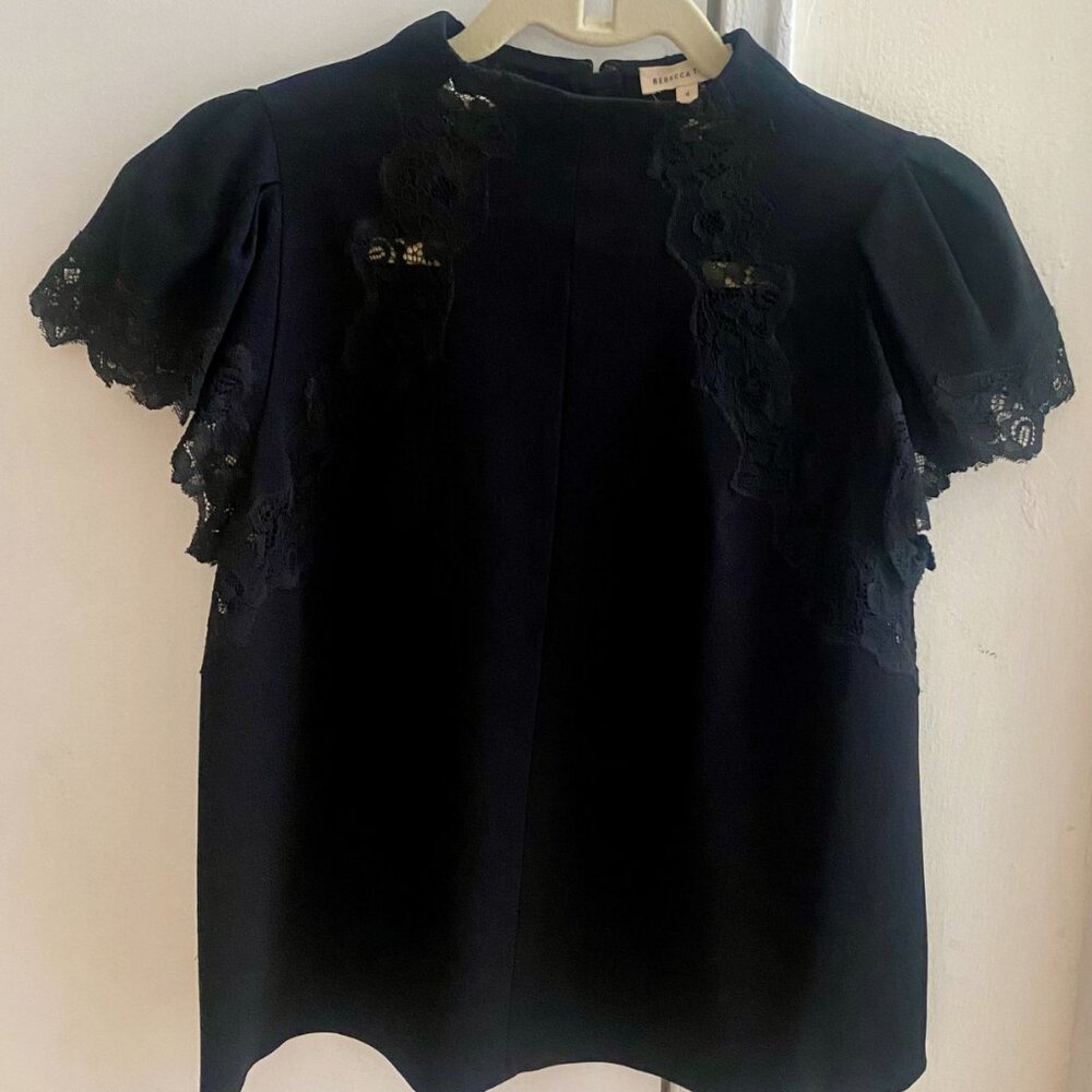 Rebecca Taylor Black With Lace Short Sleeve Top - Size 4